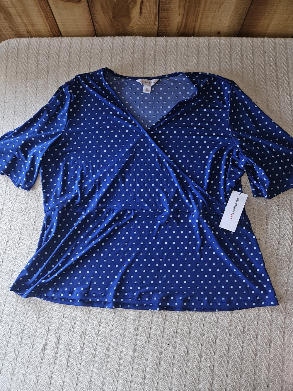 Liz Claiborne Navy Blue Polka Dot Faux-Wrap Blouse